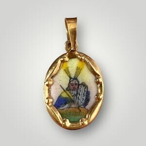 Solid Gold 14K Religious Pendant Moses Ten Commandments Mini Enamel Medal 0.9g